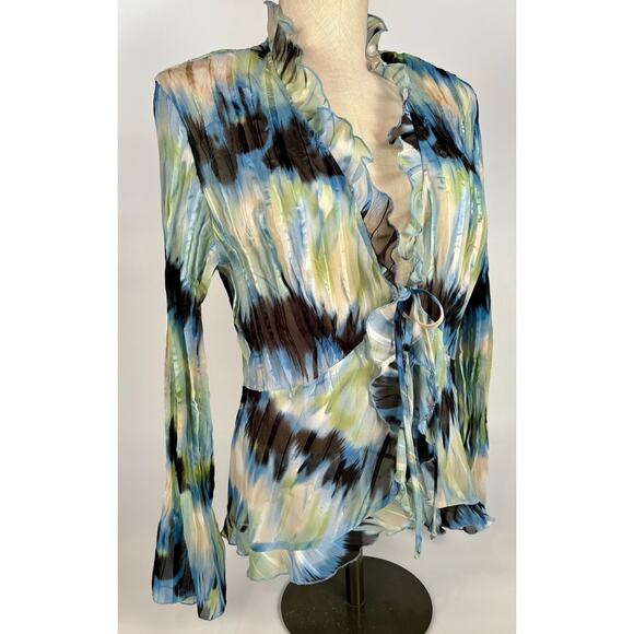 Y2k Coquette LARGE Sheer Ruffle Blouse Blue Long Sleeve Tie Front Crepe Fairy - Picture 2 of 8